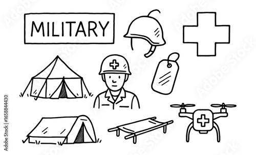 Military medical icons: helmet, tent, and drone in hand-drawn style