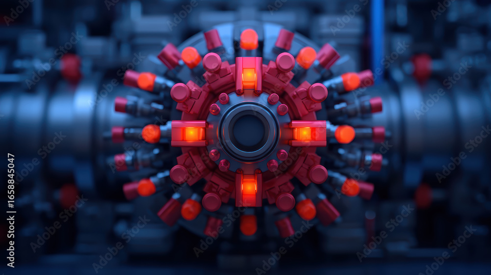 Fototapeta premium A close-up of a futuristic mechanical component, featuring vibrant red elements and intricate designs, set against a dark, industrial backdrop.