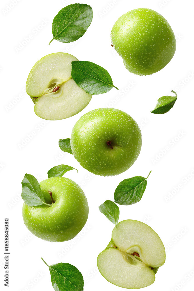 Fresh green apples and slices in mid-air Fresh green apples and slices in mid-air