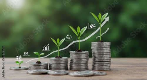 Stacks of coins with growing plants and financial growth icons