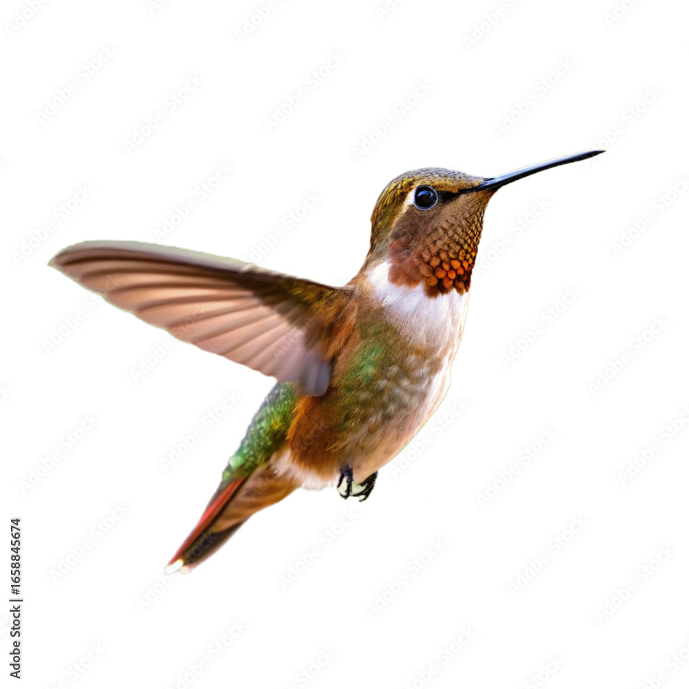 Fototapeta premium Detailed close up shot of a ruby throated hummingbird in flight