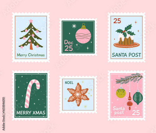 Christmas postage stamps collection. Winter holidays prints for greeting card and textile. Cute bright xmas posters or labels. Hand drawn flat design vector illustration.
