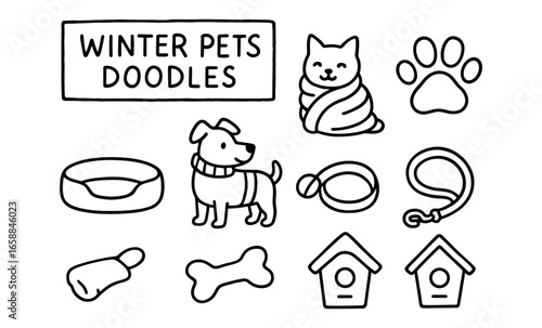 Winter pet doodles: cozy dog and cat outlines with accessories
