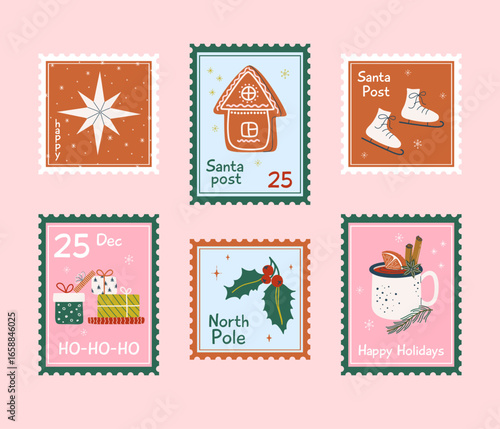 Christmas postage stamps collection. Cute bright xmas posters or labels. Winter holidays prints for greeting card and textile. Hand drawn flat design vector illustration.
