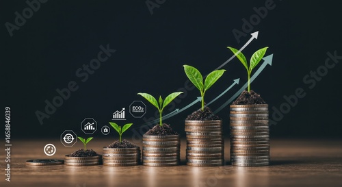 Stacks of coins with growing plants on top symbolizing financial growth and environmentalism