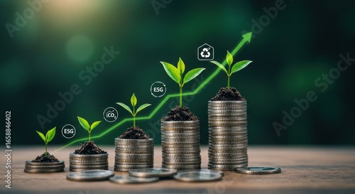 Stacks of coins with plants growing and a green upward trend line