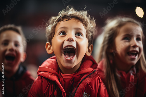 Young children with wide smiles cheering loudly in stadium stands during an exciting match with festive energy