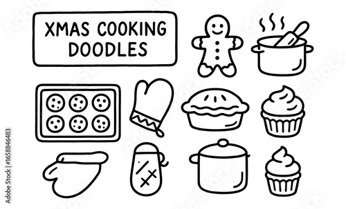 Festive holiday baking doodles featuring cookies, mittens, and pies