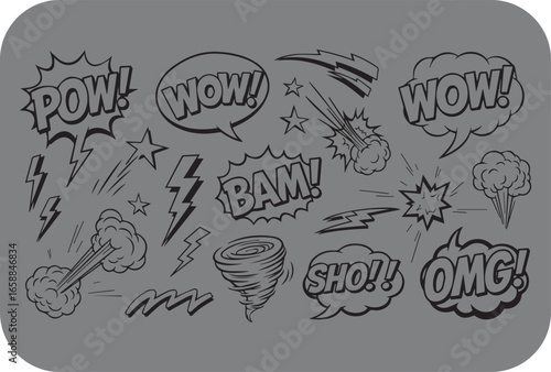 Dynamic comic book sound effects and action words hand drawn in speech bubbles and explosions featuring pow bam wow omg shoo and a tornado illustration on a gray background