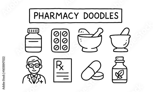 Pharmacy doodles with hand drawn medicine icons and healthcare elements