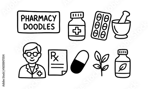 Pharmacy doodles with medical icons and healthcare elements in hand drawn style