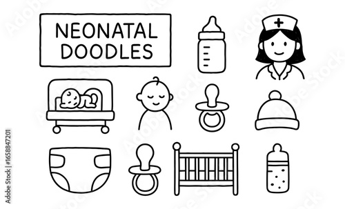 Adorable neonatal doodles: baby essentials and cute nurse in hand-drawn style
