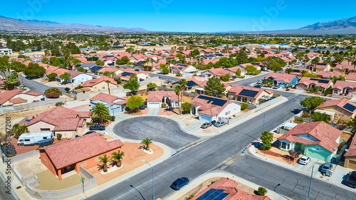 Aerial Residential Neighborhood With Red Roof Homes And Solar Panels Las Vegas