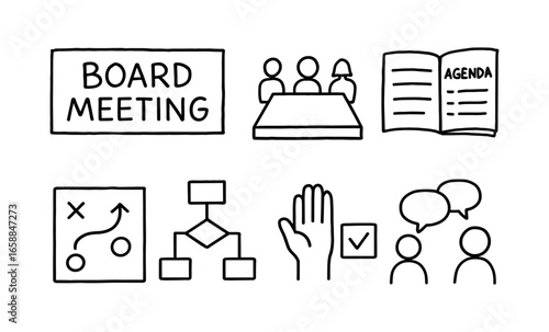 Hand drawn business meeting icons: agenda, participants, strategy, and communication