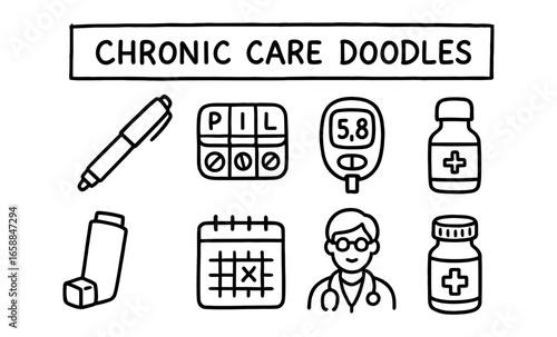 Chronic care doodle set: medical tools and symbols for health awareness