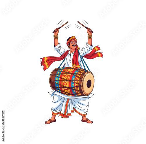 Energetic Dhaki Playing Dhak Drum During Durga Puja.Bengali Festival Drummer: Dhak Player Art.