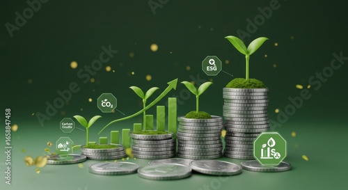 Stacks of coins with sprouting plants and green finance icons
