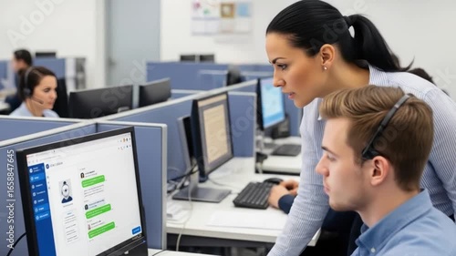 Woman helping man at computer in call center with other workers nearby