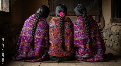 Three women with braided hair wearing colorful woven blankets