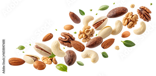 A dynamic assortment of mixed nuts and seeds in mid air against a black background