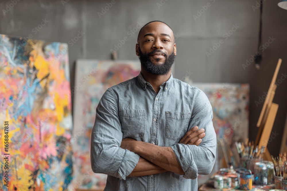 Obraz premium Black artist in a portrait poses with arms crossed as a creative workshop instructor