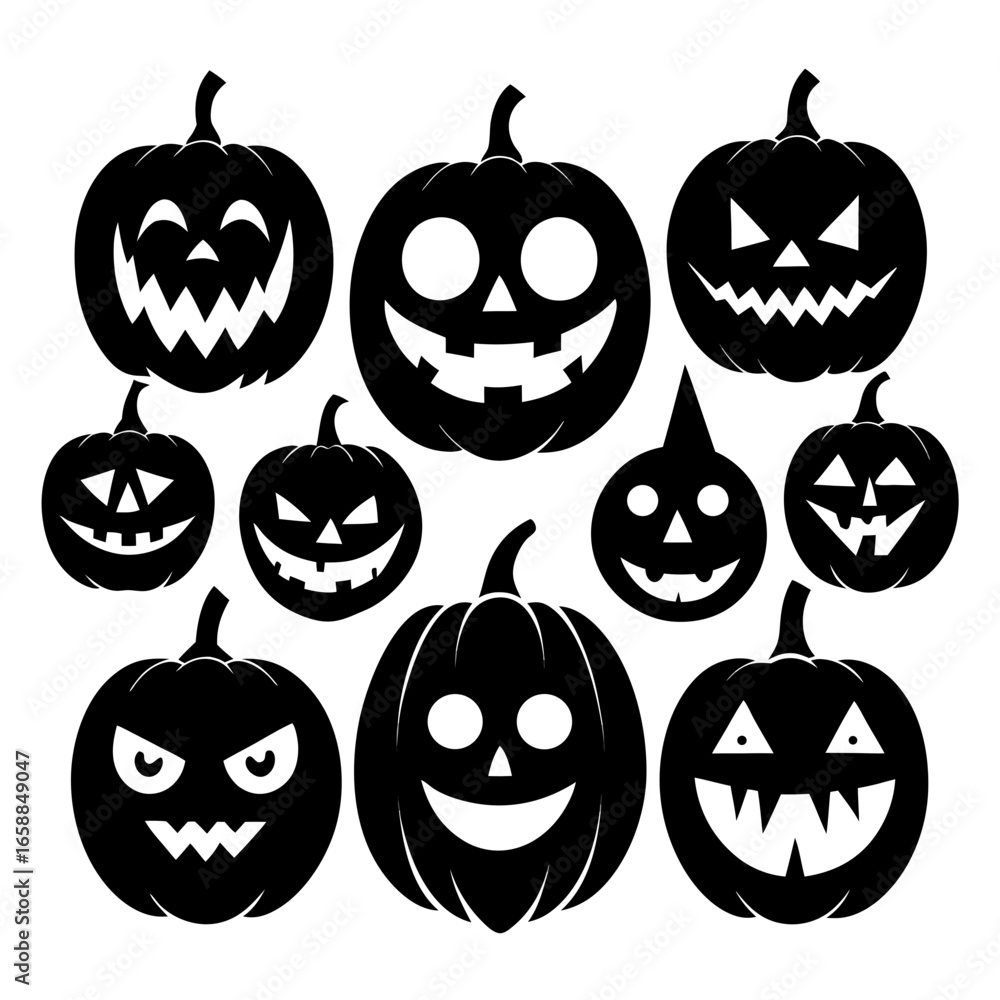 Obraz premium Collection of black silhouette halloween pumpkins with carved faces on white background