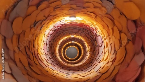 Journey Through a Glowing Tunnel of Overlapping Amber Scales
