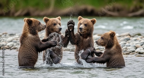 Four playful bear cubs splashing in a shallow river