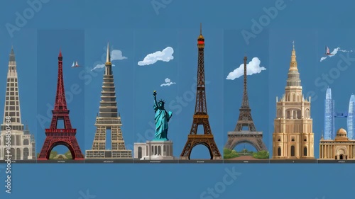 A Dynamic Illustrated Journey Showcasing Famous Global Landmarks and Architectural Wonders
