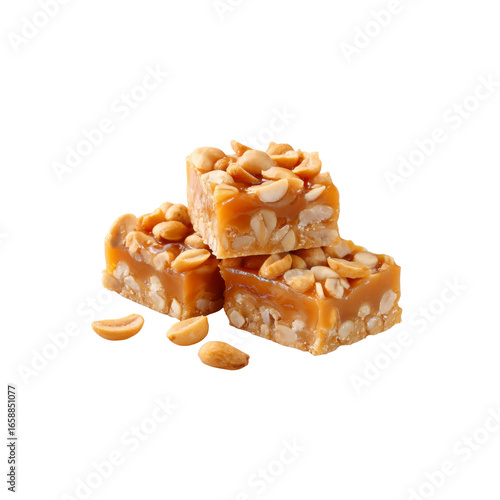 Delicious Peanut Brittle Squares, Caramel Candy, Sweet Treat, Close-up Studio Shot