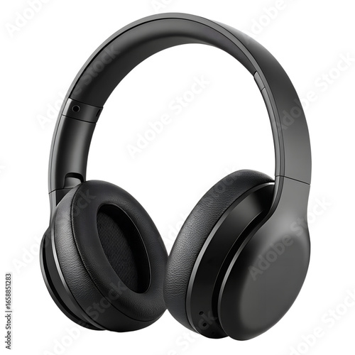 Modern black over-ear headphones isolated on a solid black background