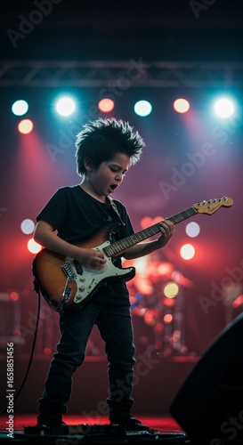 A child plays an electric guitar on stage illuminated by bright spotlights