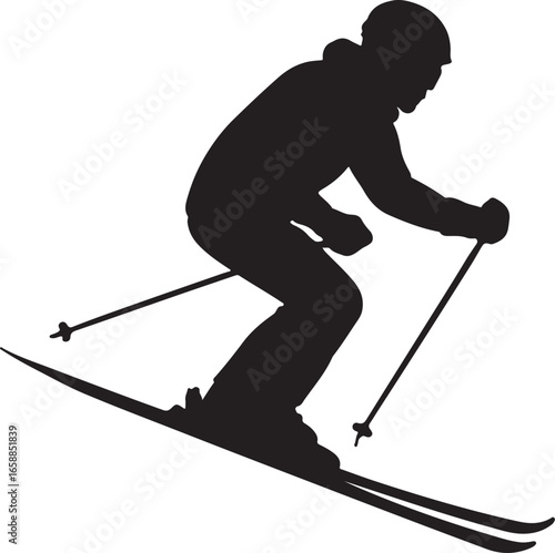 Black silhouette of a skier in motion on white background skiing black and white