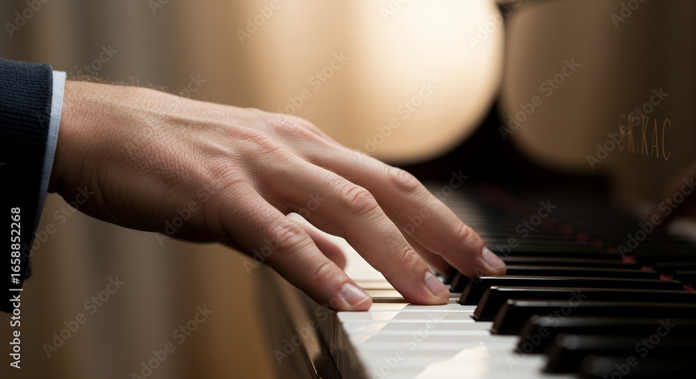Fototapeta premium A hand in a suit rests on piano keys part of a piano visible creating a focused closeup