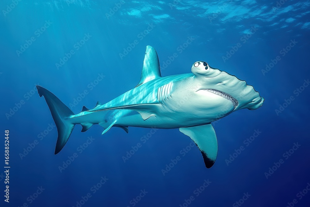Naklejka premium Great hammerhead shark in blue tropical waters.