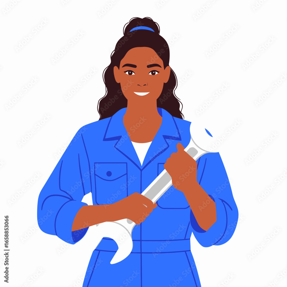 Fototapeta premium A smiling woman with dark hair in a blue jumpsuit, confidently holding a large wrench.