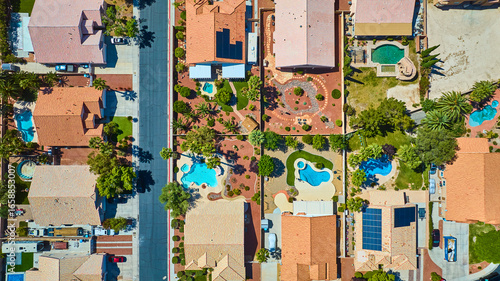 Photography Aerial Residential Neighborhood Swimming Pools And Desert Landscaping Las Vegas