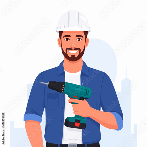 A smiling bearded construction worker in a white hard hat and blue shirt holding a teal cordless drill.