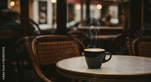 A steaming cup of coffee sits on a marble table surrounded by wicker chairs in a café setting
