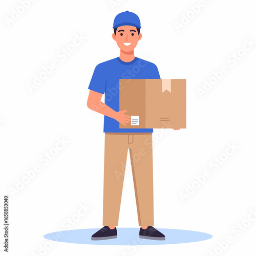 A smiling delivery man in a blue uniform and cap, standing and holding a cardboard box.