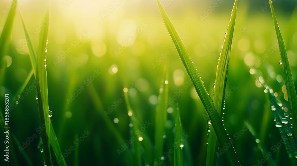Obraz premium Blades of green grass with water droplets in soft sunlight nature plant photo