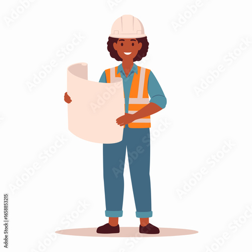 Smiling Black female engineer in a hard hat and safety vest holding a large blueprint.