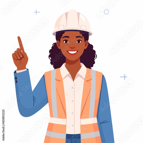 Smiling Black female engineer in a white hard hat and orange safety vest pointing upwards.