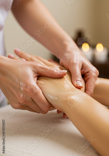 Closeup of hands receiving a hand massage with oil set against a blurred background featuring candles