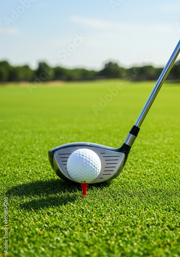 Golf ball poised on a red tee aligned with a golf club set on vibrant green grass against a blurred background of trees and sky