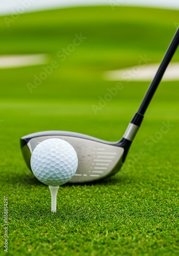 Golf ball teed up with golf club on green course