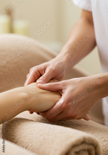 Hands massage tan skin at spa with rolled towel and neutral background