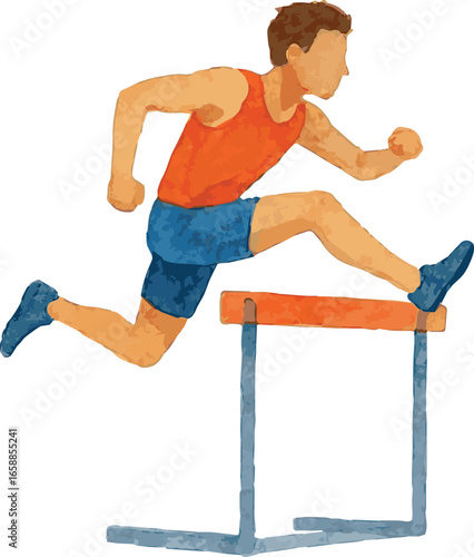Watercolor vector illustration of a hurdle runner jumping