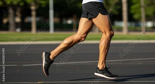 Running legs on track black shorts athletic build black running shoes with orange trim blurred green background
