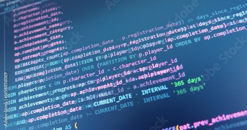 Close up video of scrolling abstract SQL game development code